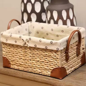 <b>Rectangular</b> storage <b>basket</b> woven from water hyacinth, fruit and food tray with fabric lining, leather-covered bottom. - Product Image 3