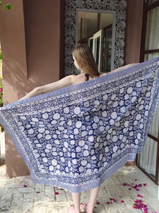 Hand Block Print Cotton <b>Sarong</b> Pareo Scarf – Floral Blue Beach <b>Wrap</b> Lightweight Summer Cover-Up Women’s Swimwear <b>Wrap</b> - Product Image 6