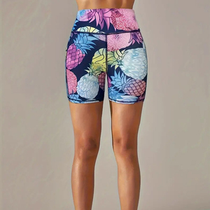 Shorts de Yoga de Cintura Alta para Mujer con Estampado de Piña, Shorts Deportivos Elásticos para Correr, Control de Abdomen - Product Image 1