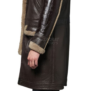 <b>Men's</b> <b>Long</b> Genuine Leather Motorcycle <b>Jacket</b> Sherpa Lining Windproof Casual Autumn Coat Dark Brown Turn-down Collar Single - Product Image 5