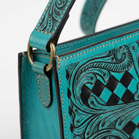 Sac à bandoulière léger en cuir véritable turquoise 2026, style bohème, pour été/hiver, avec motif floral et treillis diamanté, modèle unique