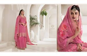 Traje Gharara de seda pesada festiva elegante para adultos con impresionante trabajo de secuencia Jari de bordado de varios hilos para fiestas - Product Image 6