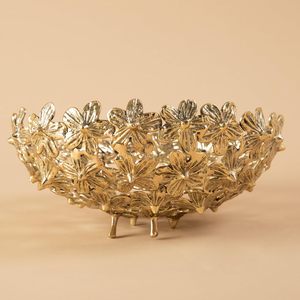 Gold Toned Brass Basket with Floral Design Handcrafted Metallic Centerpiece Bowl - Product Image 3
