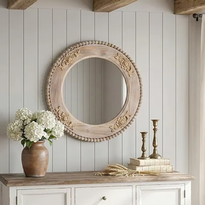 Vintage <b>Round</b> Wooden <b>Wall</b> <b>Mirror</b> with Hand Carved Floral Frame Decorative Farmhouse Accent <b>Mirror</b> for Bedroom Home Decor - Product Image 1