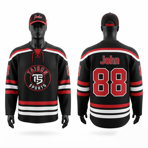 Jersey de Hockey sobre Hielo de Malla de Poliéster Transpirable con Protección UV Antibacteriana de 240 GSM, Franjas de Paneles Negras, Rojas y Blancas, Impresión Personalizada Pro - Product Image 1