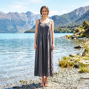 Factory Price 100% Cotton Sleeveless <b>Bell</b> Sleeve V-neck High Waist A-Line Silhouette Midi <b>Dress</b> Breathable Pleated Front Loose - Product Image 1