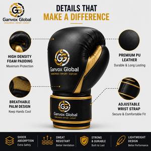Ganvox Global Boxing <b>Gloves</b> 8OZ-16OZ Black Gold PU Leather High-Density Foam Padding Comfortable Durable Adjustable Wrist Strap - Product Image 1