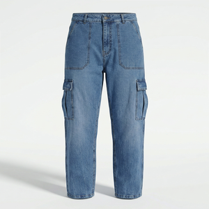 Jean cargo en denim de coton délavé enzymatiquement coupe droite pour homme, décontracté, plusieurs poches, lavable, printemps-automne, OEM - Product Image 1
