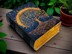 Diario botánico de cuero hecho a mano con tapa dura, diseño Árbol de la Vida, con borde deshilachado, 200 páginas - Regalo estilo Cottagecore - Product Image 1