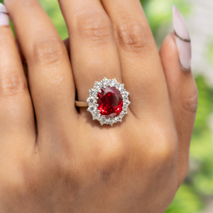 Anillo de Plata de Ley S925 con Granate Cultivado en Laboratorio, Granate Ovalado, Diamante CZ Redondo, Doble Halo, Anillo para Mujer, Talla Estadounidense 6, JR106Y - Product Image 3