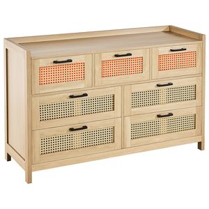 Cómoda Moderna de 7 Cajones Estilo Boho, Madera de Ratán Natural con Luces LED, Organizadores para Almacenamiento de Ropa - Product Image 1