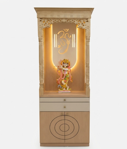 หิ้งบูชาไม้เนื้อแข็งทันสมัยพร้อมไฟ LED ประดับลายออมและพระกฤษณะ |   หิ้งบูชาขนาดใหญ่สำหรับบ้าน ดีไซน์สวยงาม พร้อมลิ้นชักเก็บของและตู้เก็บของ - Product Image 1