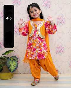 Salwar Kameez Tradicional para Niñas, Algodón con Estampado Floral, Corte Holgado, Largo hasta el Tobillo, Amarillo Verde, Ropa de Fiesta, India Pakistán, 3-4 4-5 - Product Image 2
