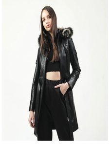 Women's Black Genuine <b>Leather</b> Moto <b>Jacket</b> With Fur Trim Hood Zipper Closure <b>Long</b> Sleeve Winter Style - Product Image 4