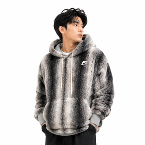 เสื้อฮู้ดขนเฟลซลายสีเทาสำหรับผู้ชาย สไตล์สตรีทแวร์แบบสวมหัว เนื้อผ้านุ่มฟู เสื้อกันหนาวสำหรับฤดูหนาว ขายส่งจากผู้ผลิตในสหรัฐอเมริกา แฟชั่น Y2K - Product Image 1