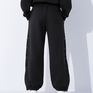 Pantalon en molleton noir pour femme à prix abordable, coupe large, taille mi-haute, avec cordon de serrage, ample, longueur intégrale, couleur unie, décontracté, avec bouton - Product Image 5