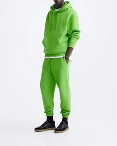 Men's Green Hooded <b>Tracksuit</b> Full Sleeve Sweatshirt And Pants Set Breathable Cotton Casual Wear Spring Solid Color Loose Fit - Product Image 1