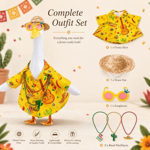 Tenue de canard de jardin Fiesta : Chemise jaune, chapeau de paille, lunettes fantaisie, colliers de perles, statue de porche, costume de fête - Product Image 4