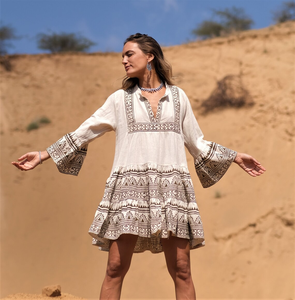 Women Boho Embroidered Eco-Friendly Plain Dyed Knee-Length Loose Fit V Neck Solid Plaid Long Sleeve Natural Waist Sashes <b>Beach</b> - Product Image 2