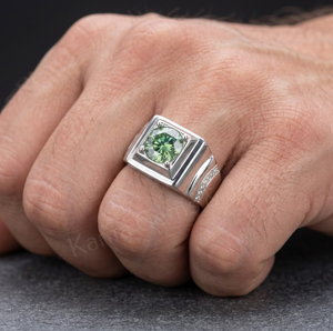 Men's 925 Sterling <b>Silver</b> Ring With 8mm Round Green Cubic Zirconia Prong Setting Geometric Design Classic Style Everyday Wear - Product Image 4