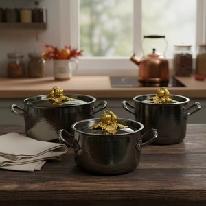 Golden Pumkpin Lids For Stainless Steel Black Color <b>Powder</b> Coated Hammered <b>Texture</b> Hot Selling Luxury Kitchenware Casseroles - Product Image 1