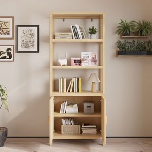 Vetrina Espositiva a 4 Ripiani in Legno Naturale Triamcinol 78*35.5*180cm con Superficie in Rattan e Doppie Ante per Soggiorno - Product Image 5