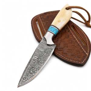 Outil utilitaire d'extérieur artisanal en acier Damas avec incrustation de pierre turquoise, manche en os de chameau et bolster en acier inoxydable - Product Image 4
