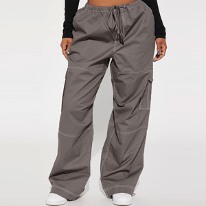 Pantalones Cargo para Mujer con Logotipo Personalizado, Color Gris, Corte Holgado, Cintura Media, Cierre con Cordón, Color Sólido, Estilo Casual, Pantalones Utilitarios Largos - Product Image 2