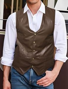 Men's <b>Brown</b> PU Leather <b>Vest</b> V-Neck Single Breasted Casual Outerwear Autumn Solid Color Button Closure Regular Length - Product Image 1