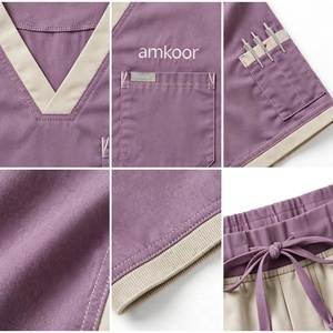 ชุดสครับสีม่วงเบจสำหรับทุกเพศยี่ห้อ Amkoor ผลิตจากโพลีเอสเตอร์ ระบายอากาศได้ดี ชุดยูนิฟอร์มทางการแพทย์สำหรับผู้ใหญ่ ชุดทำงาน ตรวจจับเข็มได้ ไร้รอยต่อ - Product Image 6