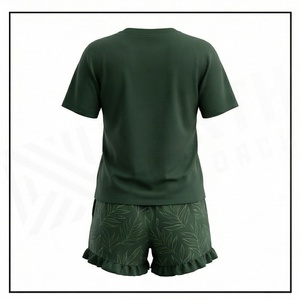 Ensemble de shorts en tricot pour femmes, 2 pièces, imprimé floral vert, t-shirt à col rond à manches courtes avec volants au-dessus du genou, tenue décontractée - Product Image 2