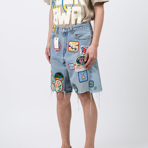 Shorts de Mezclilla Rectos de Cintura Media, 100% Algodón, Transpirables, Ecológicos, de Secado Rápido, Estilo Urbano, de Alta Calidad, Estampados, para Hombre, para Fitness - Product Image 1