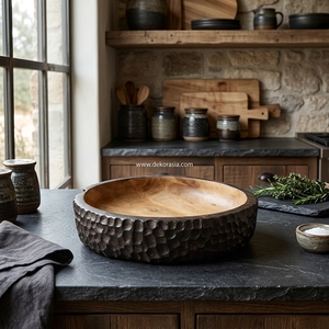 Tazón Decorativo Redondo de Madera de Teca Ecológica con Diseño Tallado Antiguo de Arte Moderno para Frutas, Aperitivos y Decoración de Mesa - Product Image 5
