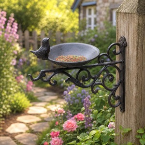 Mangeoire à oiseaux vintage en fonte, décor de jardin en fer forgé, bain d'oiseaux suspendu avec pot à graines, en fer, pour usage décoratif - Product Image 6