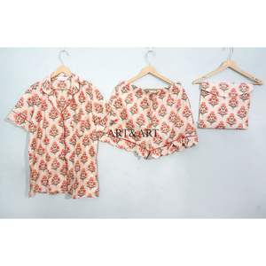 Conjunto de Pijama de Algodón Orgánico Puro, Transpirable, Elegante y de Lujo para Mujer, con Estampado Ikat, Pantalones Cortos, Ropa de Dormir para Verano y Primavera, Vacaciones - Product Image 3