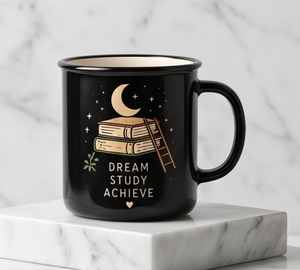 Glossy <b>Black</b> Iron Enamel Mug Dream Study Achieve Books Moon Print Metal Coffee <b>Cup</b> Wholesale Direct Factory Partner Market Hub - Product Image 2