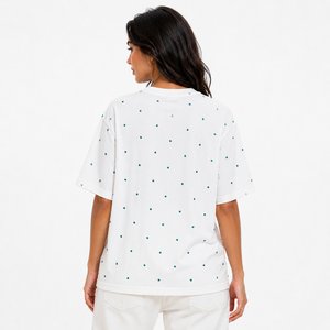 Customized Rhinestone Embellished women's shirt Emerald Green Crystals Cotton Knit T-Shirt Casual Short Sleeve Pearl <b>Beads</b> Shirt - Product Image 2