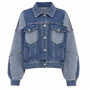 Veste en jean oversize pour femme, bicolore, délavée, courte, patchwork, streetwear, coupe décontractée, boutonnée, style automne - Product Image 1