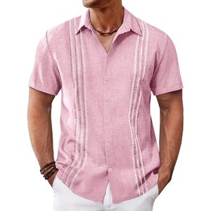 Camisas Guayaberas Cubanas para Hombre 2025, Rayadas, Casuales, de Verano, para Playa o Boda, Bordadas, de Lino, Manga Corta, Cuello con Botones, Talla XL - Product Image 1