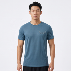 Camiseta de Manga Corta Azul Sólido para Hombre con Logotipo de Ala en Relieve, Secado Rápido, Tejido de Punto, Corte Regular, Cuello Redondo, Ropa Deportiva Informal - Product Image 6