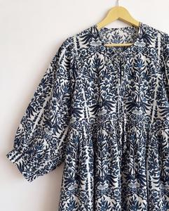 Robe maxi bohème à imprimé floral en coton faite à la main pour femmes, coupe ample, manches bouffantes trois quarts, col noué, robes tissées décontractées d'été - Product Image 5