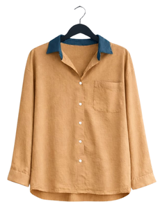 Conjunto de Dos Piezas para Mujer, Camisa Amarillo Mostaza y Pantalones Anchos Azules, Estilo Casual de Algodón y Lino, Ropa Holgada de Verano, OEM - Product Image 1