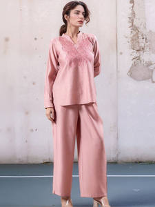 Último Diseño de Tela Estampada con Lentejuelas y Cordón Hecho a Mano, Top Color Durazno con Cuello en V y Mangas Largas para Verano 100% - Product Image 2