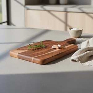 Planche à découper rectangulaire en bois d'acacia écologique avec poignée, finition naturelle, artisanale, passe au lave-vaisselle, outil de cuisine - Product Image 1