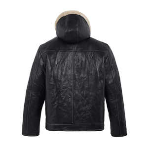 Chaqueta de Cuero Negra para Hombre con Cuello de Piel Crema, Abrigo de Invierno de Piel de Oveja Genuina, Forro Polar Cálido, Estilo Biker - Product Image 2