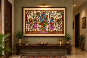 Pintura Artesanal de Lord Krishna Raslila Pattachitra, Arte Folclórico Tradicional de Odisha, Decoración de Pared para Sala de Estar, Hogar o Templo - Product Image 5