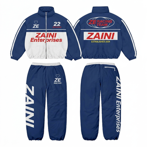 Traje Cortavientos de Poliéster Taslan Premium de 220 GSM, Paneles en Bloques de Color Azul y Blanco, Logotipo Personalizado por Sublimación - Product Image 1