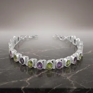 Pulsera de tenis de plata de ley 925 con piedras engastadas en bisel de amatista y peridoto, estilo clásico unisex, joyería de moda, regalo. - Product Image 3