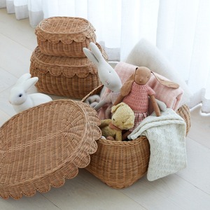 Stylish scalloped laundry baskets rattan storage basket with lid natural fiber <b>container</b> <b>box</b> - Product Image 5