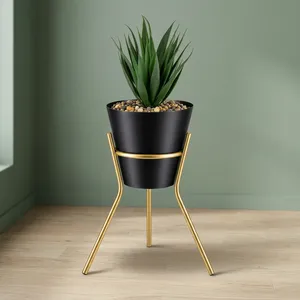 Pot de fleurs en métal noir avec support trépied doré, pot à fleurs conique moderne pour plantes d'intérieur, salon, chambre, bureau, balcon - Product Image 3